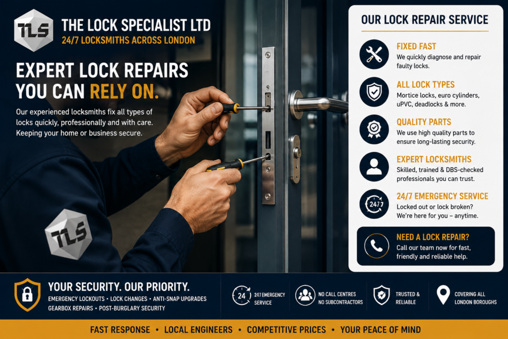 The Lock Specialist Ltd expert lock repair service London – local locksmith repairing uPVC and composite door locks, available 24/7, no subcontractors.