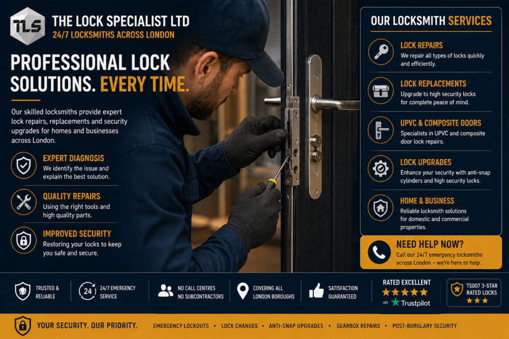 The Lock Specialist Ltd London locksmith infographic – locked out guide, London burglary facts, and 5-step home security checklist including anti-snap lock upgrades.